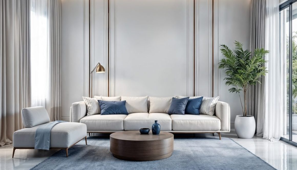 Modern living room with minimalist design, neutral-toned furniture, blue accents, and natural lighting — a stylish example of work by the best interior designers in Kerala.