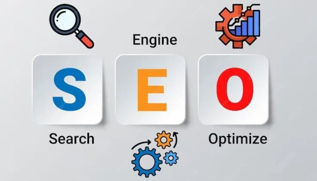 On page SEO issues Illustration showing the letters S, E, and O labeled as Search, Engine, and Optimize, with icons of a magnifying glass, gears, and analytics to represent SEO.