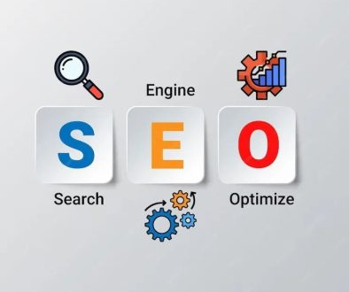 On page SEO issues Illustration showing the letters S, E, and O labeled as Search, Engine, and Optimize, with icons of a magnifying glass, gears, and analytics to represent SEO.