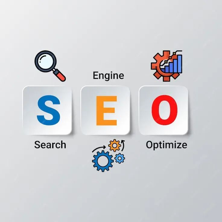 On page SEO issues Illustration showing the letters S, E, and O labeled as Search, Engine, and Optimize, with icons of a magnifying glass, gears, and analytics to represent SEO.